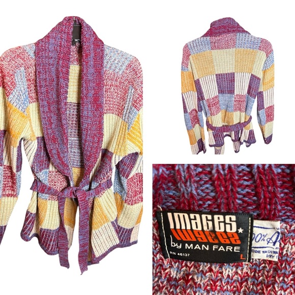Vintage 70s Man Fare Men’s Patchwork Acrylic Cardigan Sweater Size Large - Picture 1 of 9